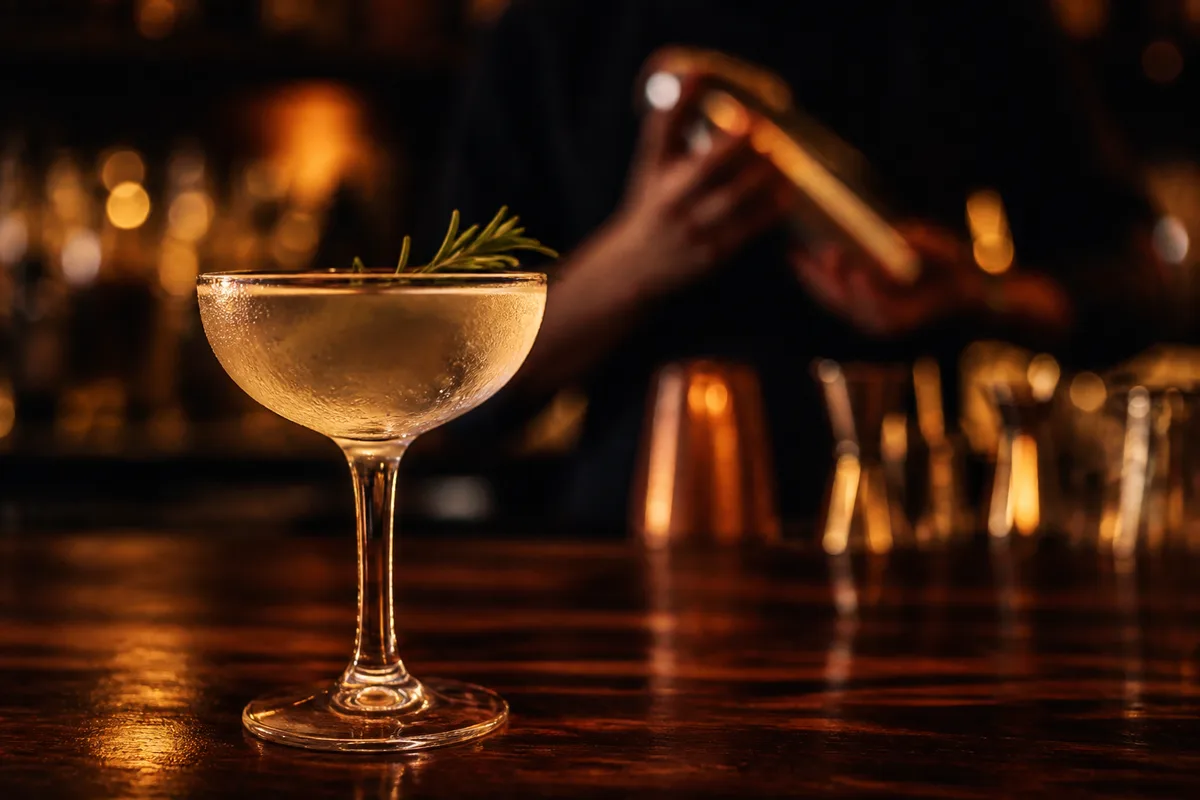 Comptoir de bar en bois sombre avec shaker en métal, verres à mélange, glace en gros cubes et bouteilles alignées en arrière-plan